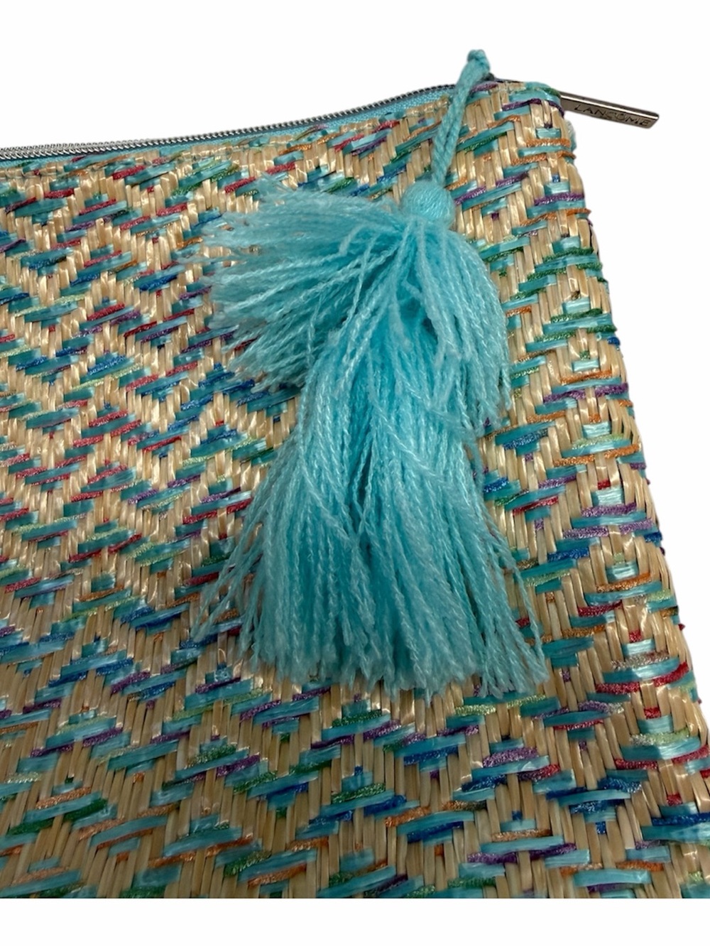 Lancôme Turquoise Woven Straw Tassel Cosmetic Pouch Clutch Satin Lined Zip Bag